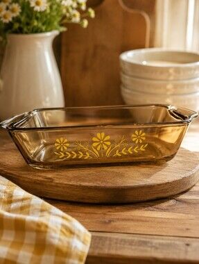 Vintage Jeanette Amber Glass Baking Dish w/ Yellow Daisy – Retro Cottagecore